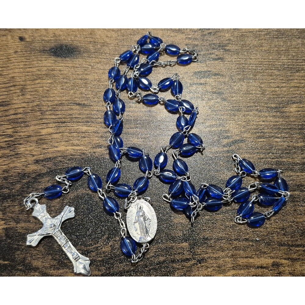 Vintage Blue Sparkle Rosary Metal Cross Emblem Catholic Church Religion EUC